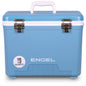 A blue Engel 19 Quart Drybox/Cooler with the word Engel Coolers on it, perfect for outdoors.