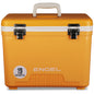 A yellow Engel 19 Quart Drybox/Cooler with the word Engel Coolers on it, perfect for outdoors.