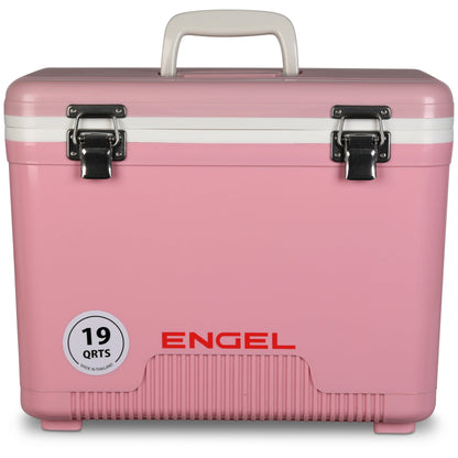 A pink Engel 19 Quart Drybox/Cooler designed for the outdoors by Engel Coolers.