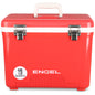 Engel 19 Quart Drybox/Cooler by Engel Coolers, featuring a red exterior with a white handle and silver latches. This air-tight cooler is perfect for your next outdoor adventure.
