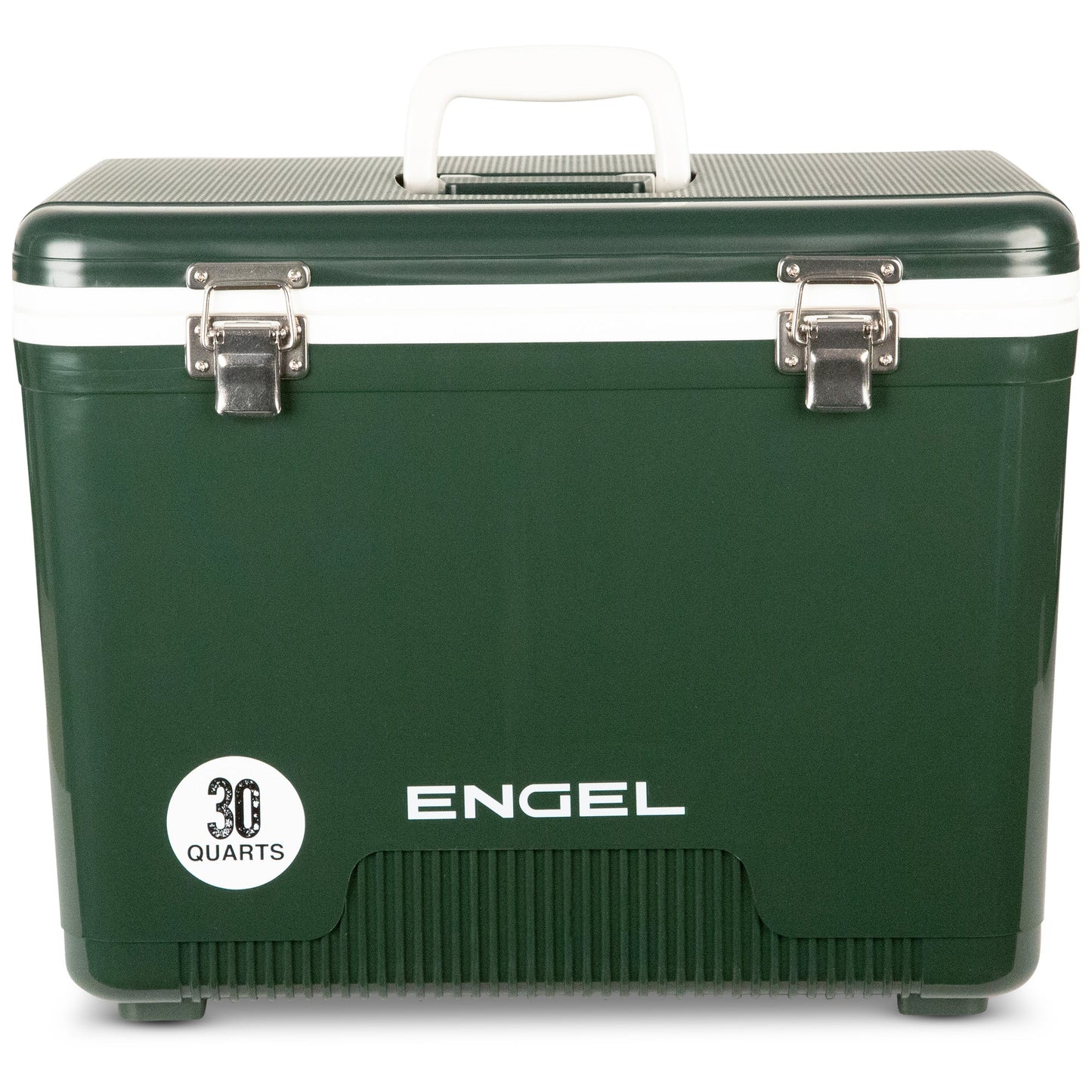 The Engel 30 Quart Drybox/Cooler by Engel Coolers is ideal for outdoor adventures with its 30-quart capacity. It includes a white handle, two front metal latches, and functions as an air-tight cooler and leak-proof drybox to secure your items.