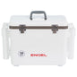 A white leak-proof cooler with the word Engel Coolers on it.