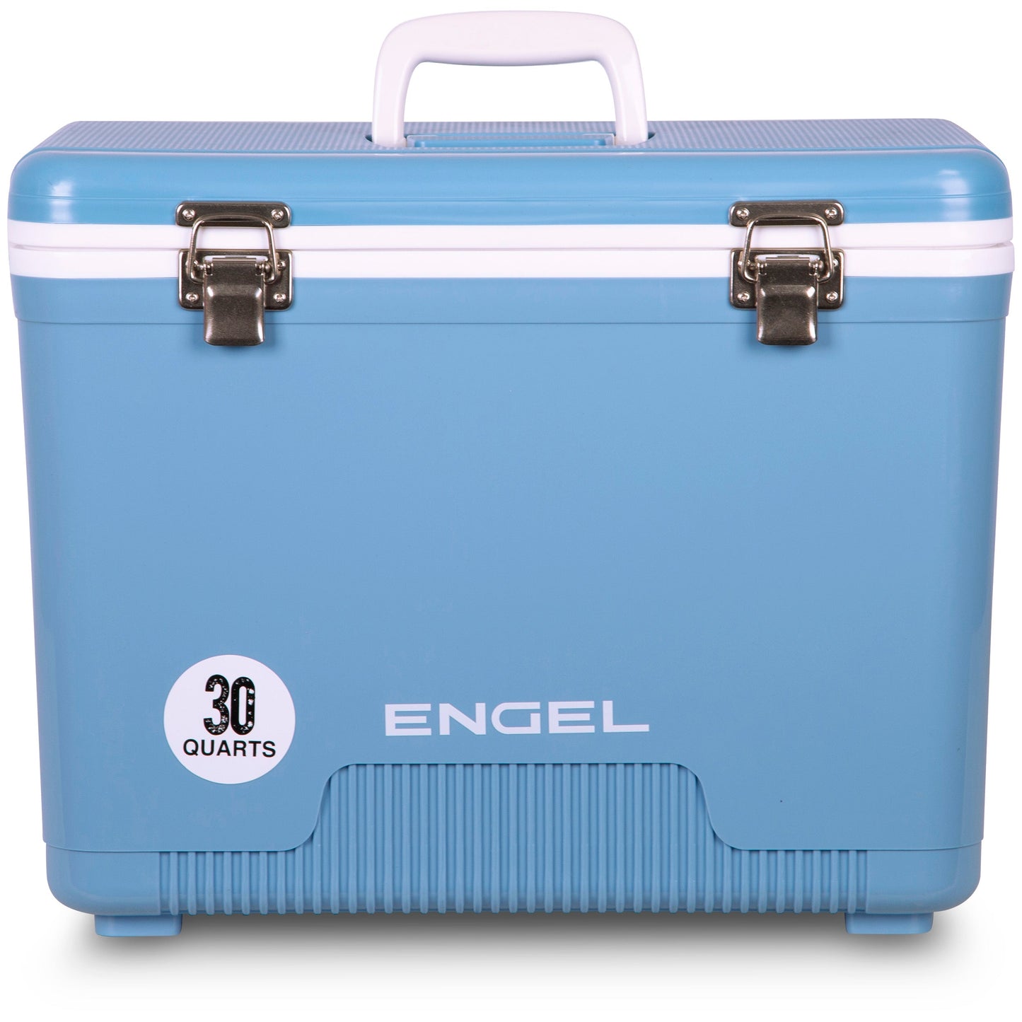 A blue Engel 30 Quart Drybox/Cooler with the word "Engel Coolers" on it, perfect for your next outdoor adventure.