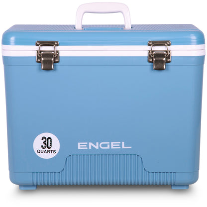 A blue Engel 30 Quart Drybox/Cooler with the word "Engel Coolers" on it, perfect for your next outdoor adventure.