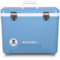 A blue Engel 30 Quart Drybox/Cooler with the word "Engel Coolers" on it, perfect for your next outdoor adventure.