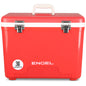 An Engel Coolers 30 Quart Drybox/Cooler in red, featuring a white handle and metal latches, perfect for outdoor adventures.