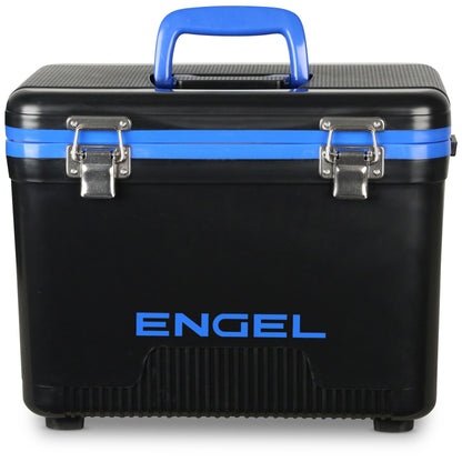 The Engel Coolers 7.5 Quart Drybox/Cooler is a black and blue air-tight cooler with a top handle and metal clasps, featuring the Engel logo—perfect for kayak fishermen seeking a reliable, secure storage solution.