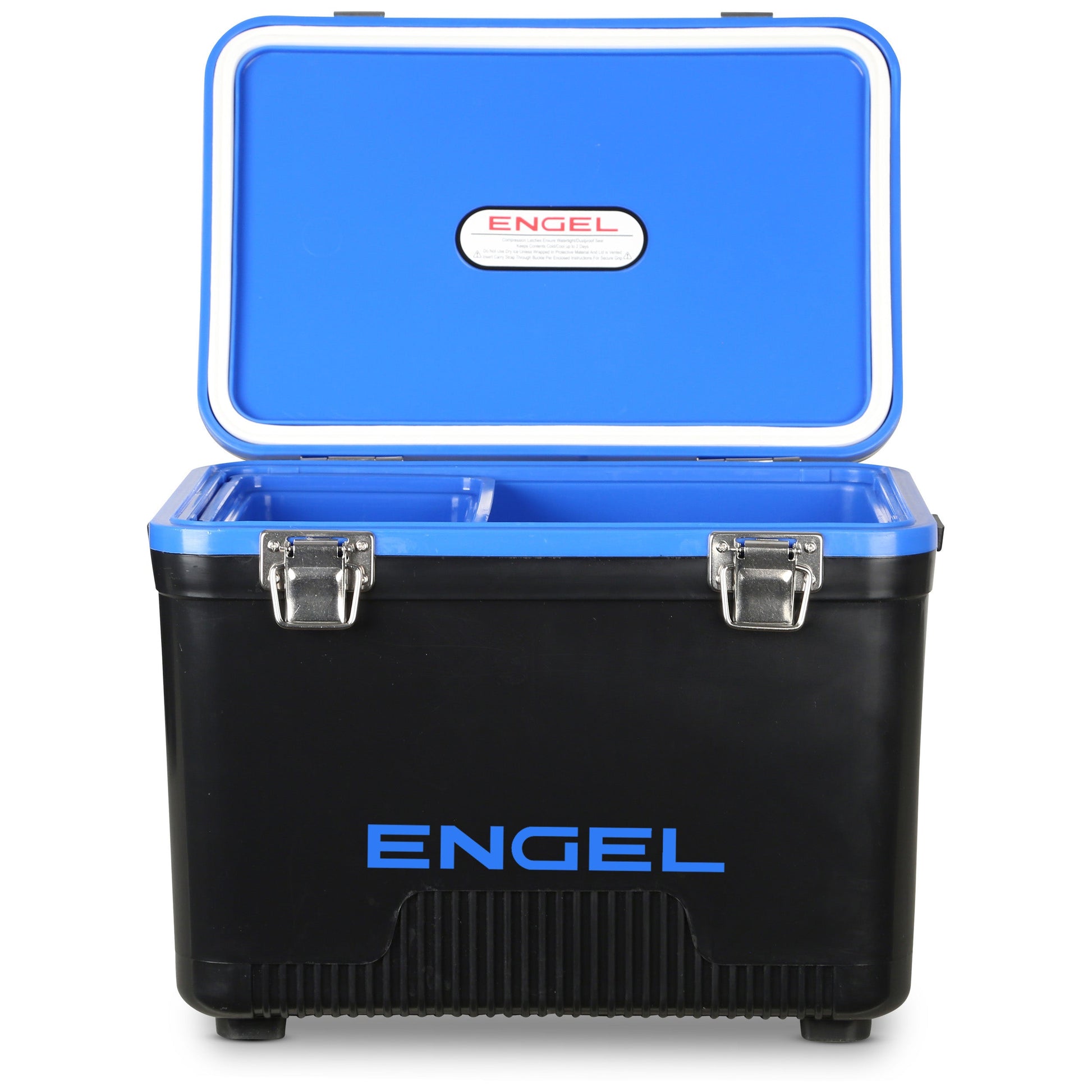 The Engel Coolers 7.5 Quart Drybox/Cooler features blue and black colors, metal latches, an open lid, and a divided empty compartment—perfect for kayak fishermen needing a reliable, leak-proof storage solution.