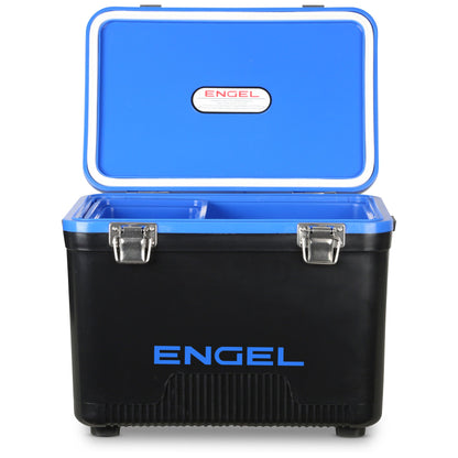 The Engel Coolers 7.5 Quart Drybox/Cooler features blue and black colors, metal latches, an open lid, and a divided empty compartment—perfect for kayak fishermen needing a reliable, leak-proof storage solution.