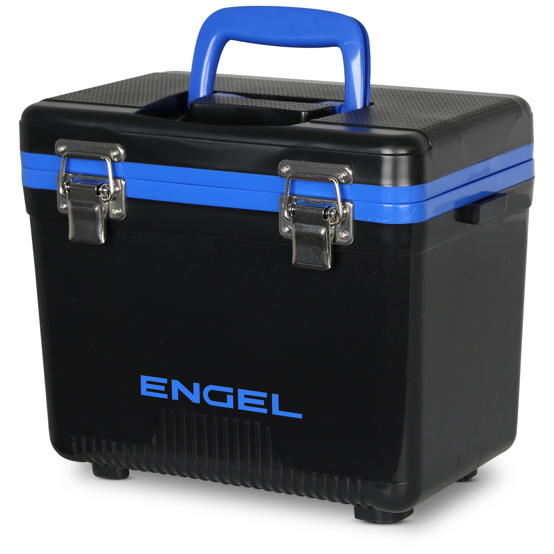 The Engel Coolers 7.5 Quart Drybox/Cooler in black, featuring a blue handle, blue accent stripe, and metal clasps, is ideal for kayak fishermen and stands on a white background.