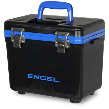 The Engel Coolers 7.5 Quart Drybox/Cooler in black, featuring a blue handle, blue accent stripe, and metal clasps, is ideal for kayak fishermen and stands on a white background.