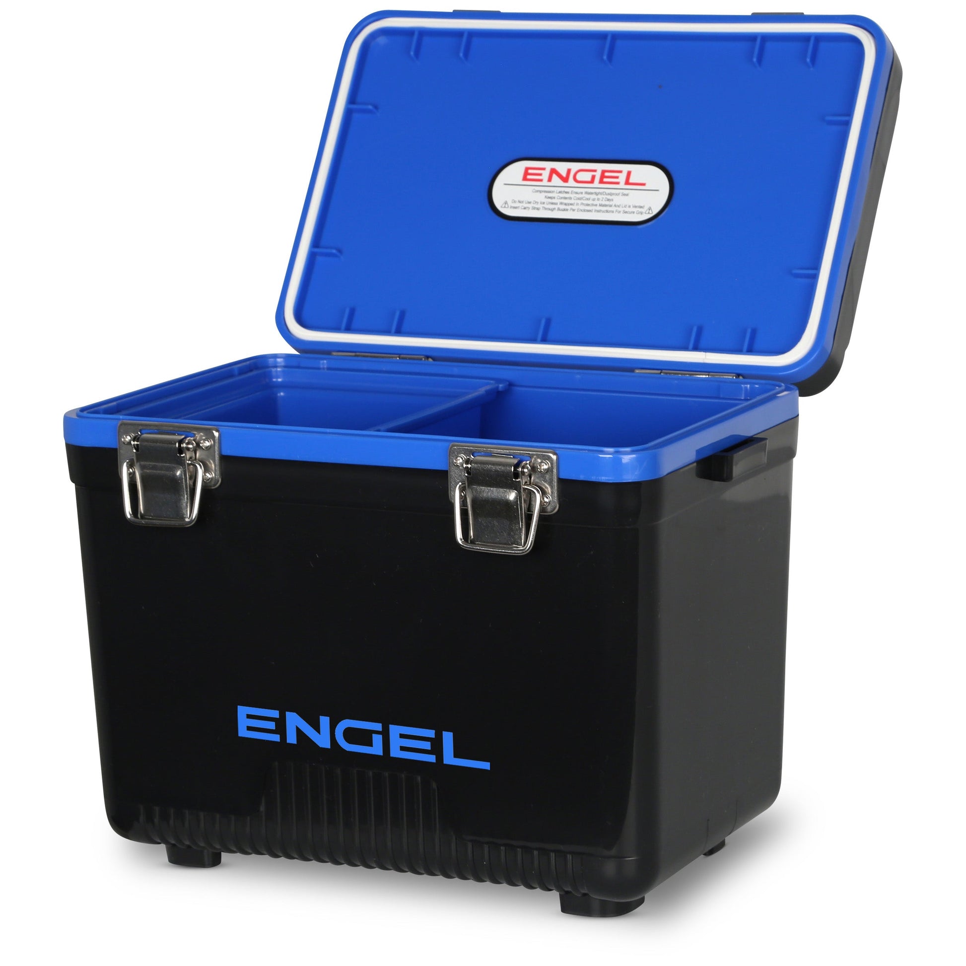 The Engel Coolers 7.5 Quart Drybox/Cooler in black and blue features an open lid, metal latches, and a divided interior for airtight, leak-proof storage of your essentials.