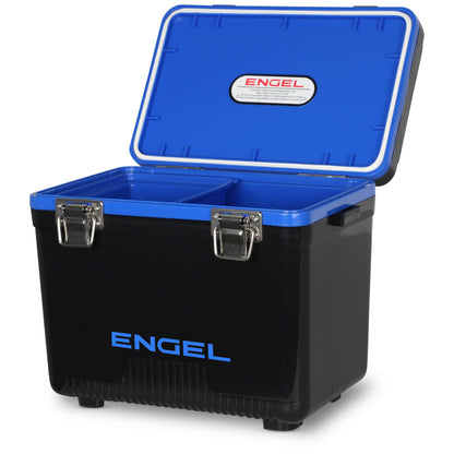 The Engel Coolers 7.5 Quart Drybox/Cooler in black and blue features an open lid, metal latches, and a divided interior for airtight, leak-proof storage of your essentials.