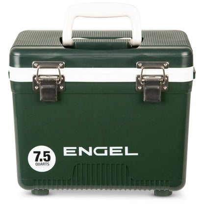 The Engel 7.5 Quart Drybox/Cooler by Engel Coolers is dark green with a white handle and two silver latches. Ideal for hunters and kayak fishermen, it is airtight and leak-proof, ensuring your essentials stay secure and fresh on any adventure.