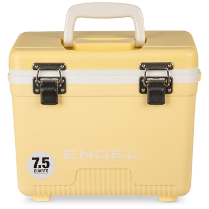 The Engel Coolers 7.5 Quart Drybox/Cooler in yellow has two metal latches, a white handle, and a leak-proof design to keep items secure and chilled.