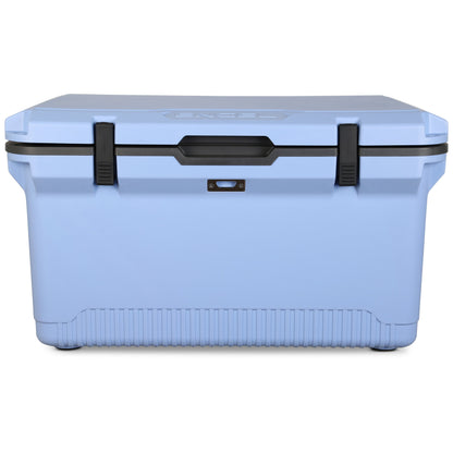 The ENGEL 60QT UltraLite Injection-Molded Cooler With Wire Basket and Divider by Engel Coolers is a light blue, 60-quart cooler that boasts advanced ice preservation technology and features a black latch and handle centered on its front side.