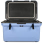 A light blue and black rectangular cooler with the lid open, revealing the interior. The brand name "Engel Coolers" is prominently displayed on the inside of the lid, highlighting this high-performance cooler as part of their ENGEL 60QT UltraLite Injection-Molded Cooler With Wire Basket and Divider line.