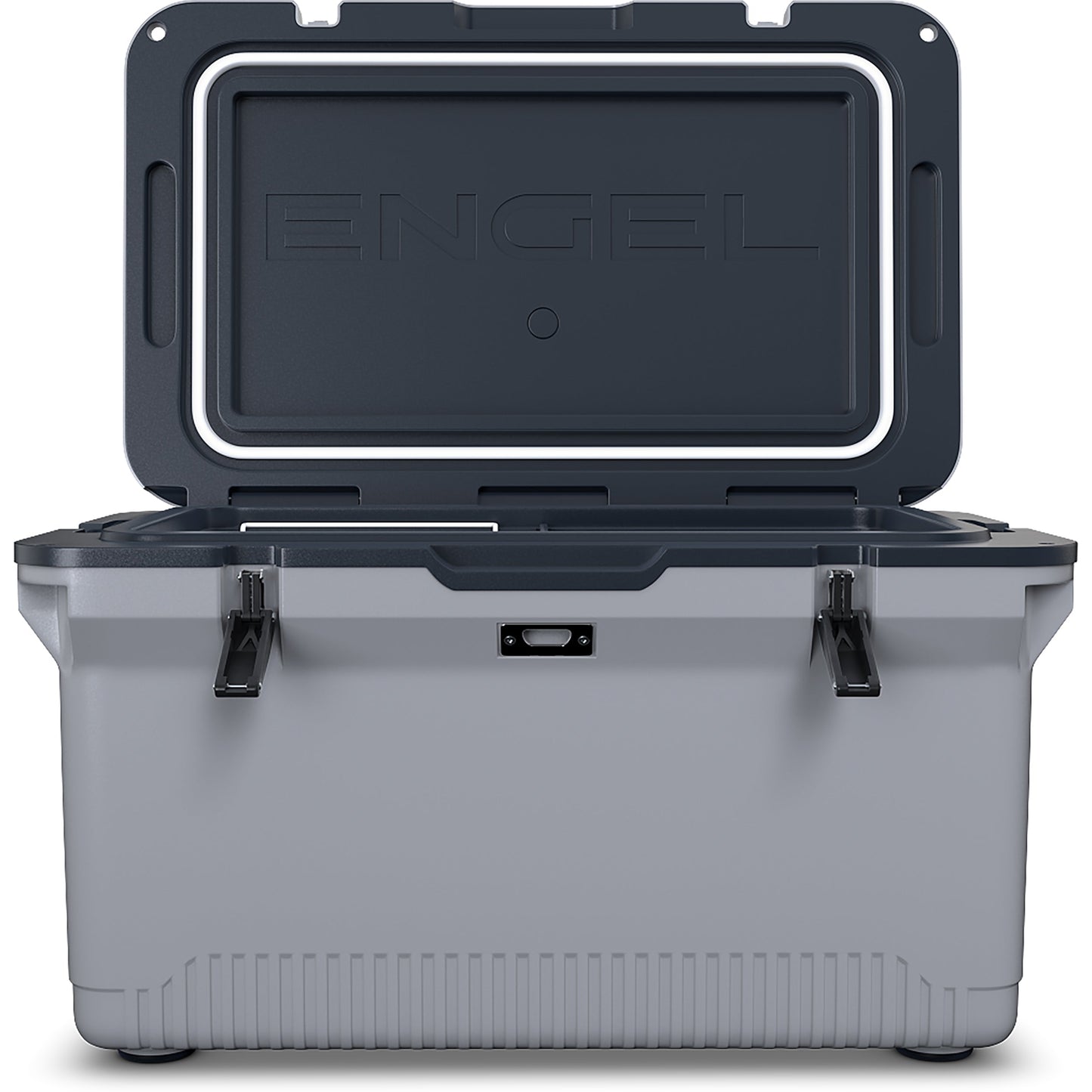 The Engel Coolers ENGEL 60QT UltraLite Injection-Molded Cooler With Wire Basket and Divider in grey and black offers superior ice preservation.