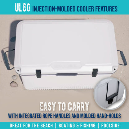 A cooler with the Engel 60QT UltraLite Injection-Molded design, featuring ice preservation capabilities.