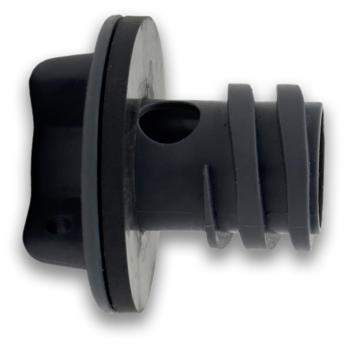 A close-up of the Engel UL60 Drain Plug by Engel Coolers, a black plastic barbed connector with flange and circular opening, isolated on white—ideal as a replacement drain plug for UL60 Engel Ultra-Lite Coolers.