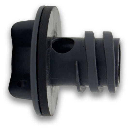 A close-up of the Engel UL60 Drain Plug by Engel Coolers, a black plastic barbed connector with flange and circular opening, isolated on white—ideal as a replacement drain plug for UL60 Engel Ultra-Lite Coolers.