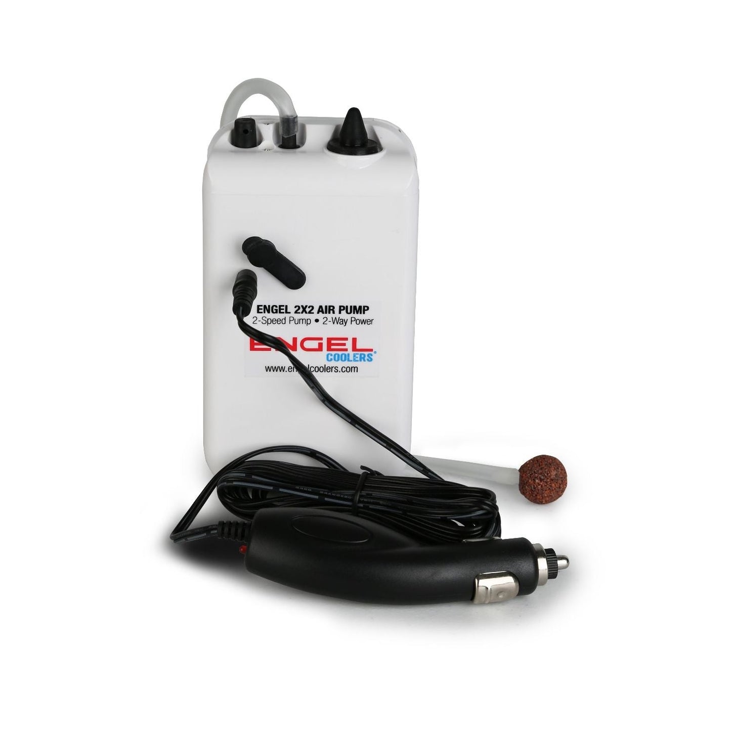 A white Engel Coolers Original 2-Speed Battery Powered Portable Aerator Pump container with a cord and a plug.