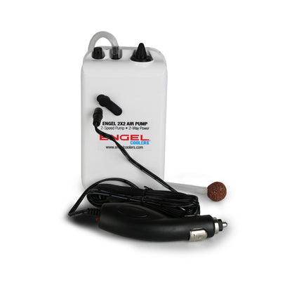A white Engel Coolers Original 2-Speed Battery Powered Portable Aerator Pump container with a cord and a plug.