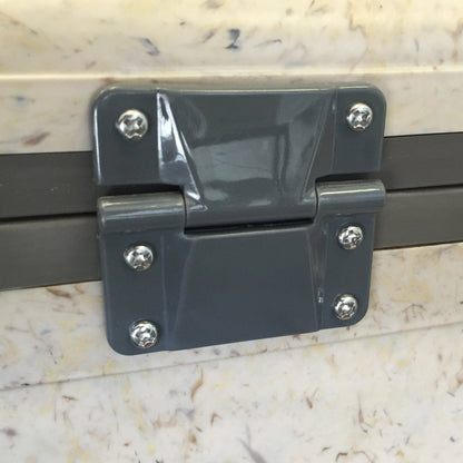 A close up of an Engel Coolers Plastic Drybox Hinge (Single Hinge) with stainless steel hinges and a latch.