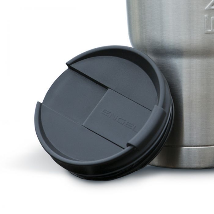 A stainless steel Engel Coolers Tumblers travel mug with a black screw-in Engel Tumbler Lid.