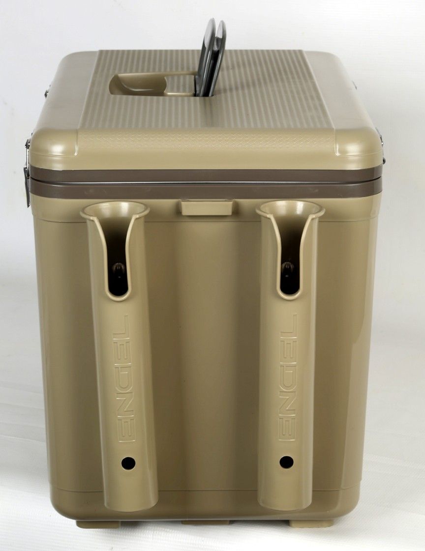A tan cooler with two handles and an Engel Coolers Rod Holder Stand-Off Surface Mount Cooler Attachment on it.