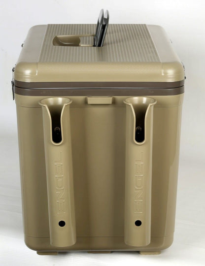 A tan cooler with two handles and an Engel Coolers Rod Holder Stand-Off Surface Mount Cooler Attachment on it.